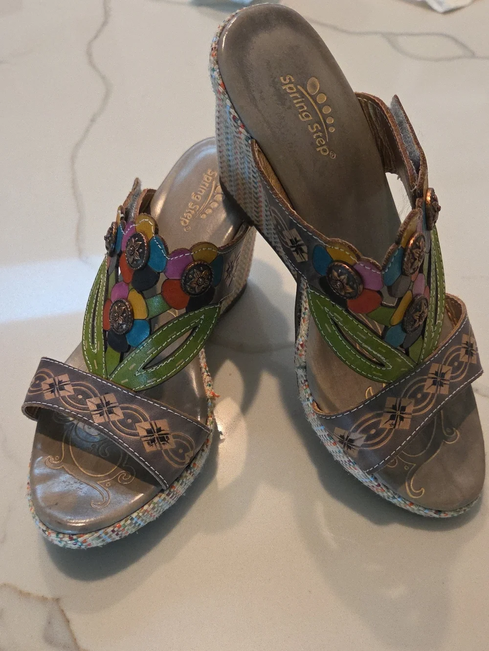 Spring Step Multicolor Floral Leather Wedge Sandals